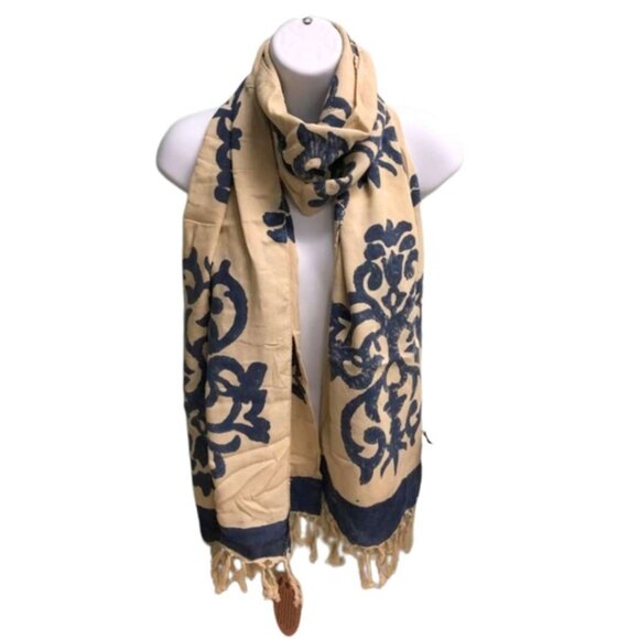 ArtStudio Women's Blue Fleu-De-Lys Design Fringe Fashion Scarf / One Size - Picture 2 of 4
